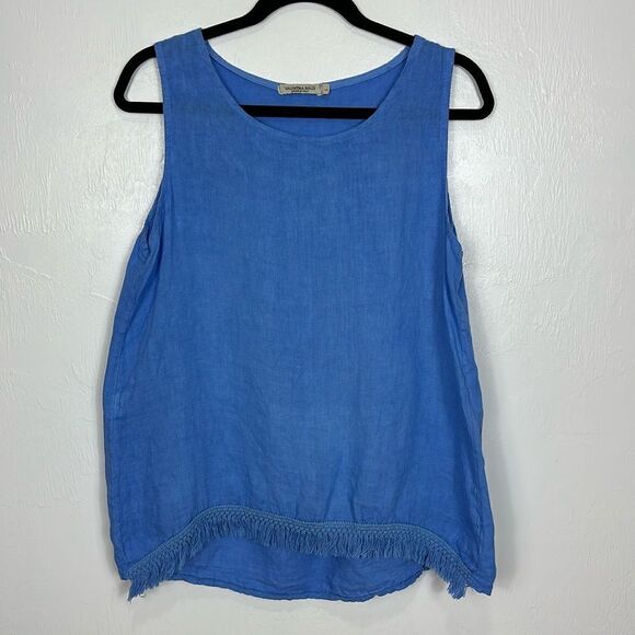 Valentina Naldi Italian Linen Blue Sleeveless Fringe Hem Blouse Top Size L - Picture 1 of 8